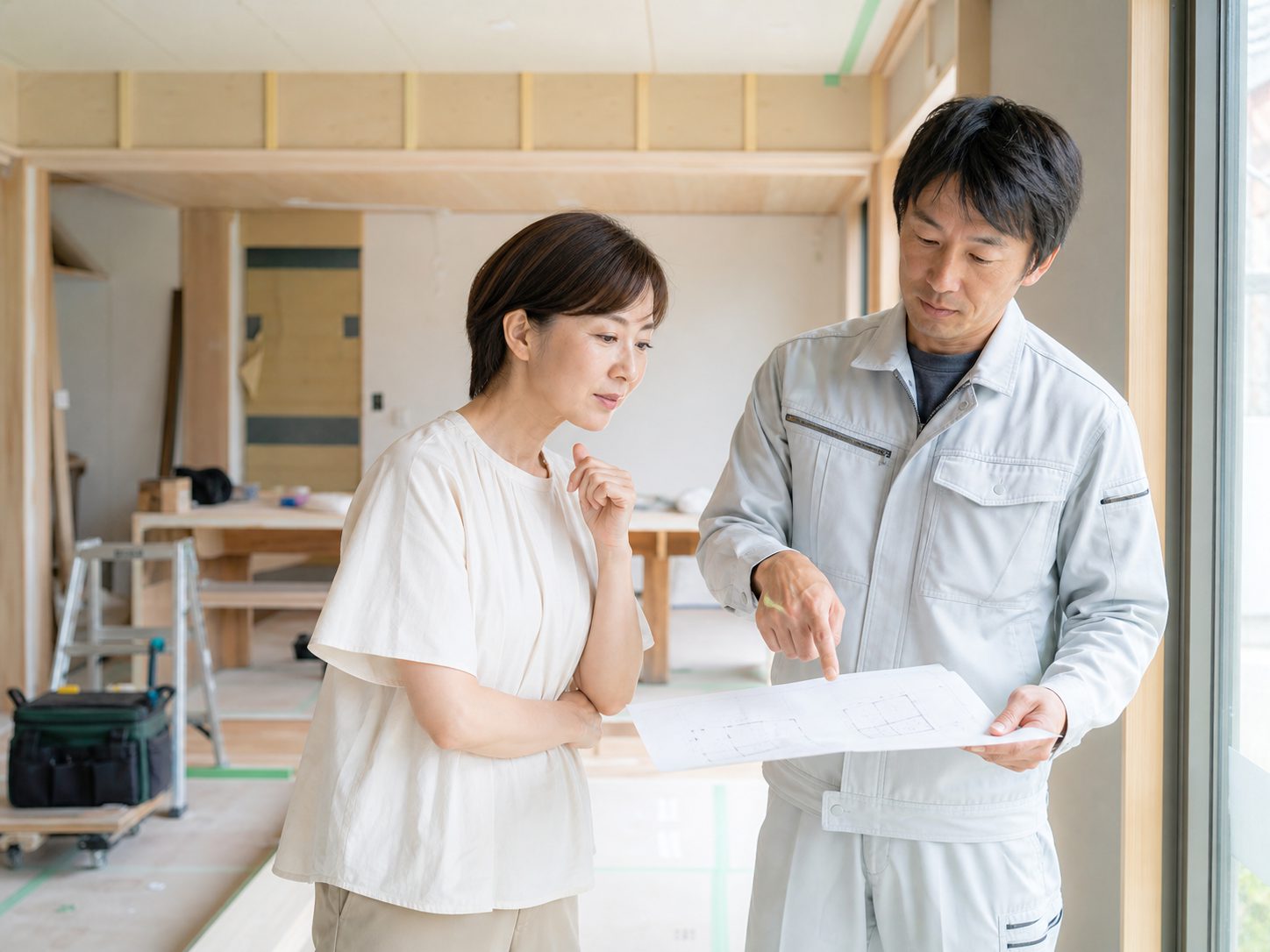 施工内容の変更や追加について図面を見ながら確認する様子